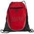 A red drawstring backpack with black mesh accents and a zippered front pocket, featuring a logo.