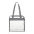 A clear zippered tote bag with grey straps, featuring a simple and spacious design.