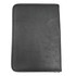 A black leather portfolio with a textured finish and a zippered edge. It features a logo on the front.