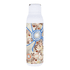 A drink bottle with a white body featuring a decorative design in earthy tones. Includes a metal loop for carrying.