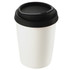 A ceramic mug in white with a black silicone lid. It features a logo on the side.
