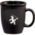 A black ceramic mug with a handle, featuring a logo of a figure running while holding a cup.