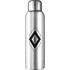 A drink bottle in silver stainless steel, featuring a black logo and a sleek design, ideal for sports and hydration.