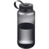 A drink bottle in a translucent grey colour with a black lid and a carrying strap, featuring a logo.