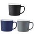 A collection of three ceramic mugs in black, navy, and grey with contrasting white interiors and handles. Each mug has a logo.
