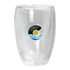 A glass cup with a bamboo lid, featuring a logo, in a transparent design.