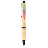 A bamboo ballpoint pen featuring a silver clip and black accents, with a multicoloured logo.