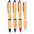 A set of four bamboo ballpoint pens in black, blue, red, and white, each with a silver clip and accents.
