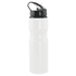 A drink bottle in white aluminium with a black cap and spout, featuring a logo.