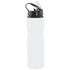 A drink bottle with a sleek white body and a black lid, featuring a spout and a logo.