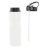A drink bottle in white with a black lid and straw, featuring a logo design.