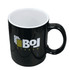 A black ceramic mug with a glossy finish and a logo on the side, presented without packaging.