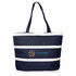 A navy blue insulated cooler bag with white stripes and a logo in the centre. Suitable for carrying food and drinks.