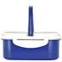 A blue and white lunch box with a handle, made from plastic and wheat straw, featuring a secure lid.