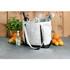 A white and black cotton tote bag filled with bottles, towels, and a potted plant on a surface with citrus fruits.