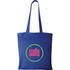 A blue canvas tote bag with a circular logo featuring the word "safe" in pink.