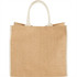A large jute tote bag in natural brown with white handles, featuring a logo on one side.