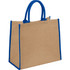 A large jute tote in a natural tan colour with blue handles and trim. The bag features a logo.