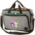A grey laptop briefcase with black accents, featuring multiple pockets and a carrying strap. It has logos displayed on the front.