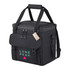 A black cooler bag with adjustable straps, featuring a front flap and a logo. It is designed to hold up to 24 cans.