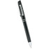 A black metal ballpoint pen with silver accents and a logo on the side.