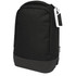 A black backpack with a sleek design featuring a zippered closure and a sturdy base. It has a logo on the side.