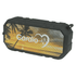 A black waterproof Bluetooth speaker with a tropical sunset design and a logo on the front.