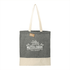 A grey and cream cotton twill tote bag featuring a logo and two sturdy handles.