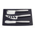 A stainless steel cheese knife set in a black box, featuring three knives of different shapes and sizes.