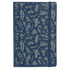 A navy blue notebook with a patterned cover featuring various animals and shapes, secured with an elastic band.