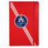 A red journal with a textured cover and an emblem in the centre, featuring stripes and a logo.