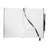 A black bound journal with lined pages, featuring a ribbon bookmark and a pen attached.