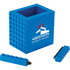 A blue pen pot designed to resemble building blocks, featuring a logo and two matching accessories.