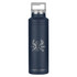 A drink bottle in navy blue, featuring a stainless steel design and a logo, with a double-wall thermal insulation.