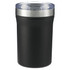 A drink bottle with a black body and a silver rim, featuring a clear lid and a logo on the front.