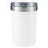 A drink bottle in white with a stainless steel rim and a transparent lid, designed for keeping beverages hot or cold.