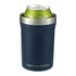 A drink bottle in navy blue featuring a stainless steel top, designed to hold a 350ml can. It has a logo.