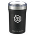 A drink bottle in matte black with a stainless steel lid and a logo. It features an insulated design for temperature control.