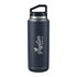 A drink bottle in navy blue with a silver lid and a handle, featuring a logo on the body.