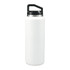 A drink bottle featuring a white exterior and a black lid, designed for drinkware use. It includes a logo on the body.