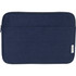 A navy blue laptop sleeve made from recycled canvas, featuring a zip closure and a logo.