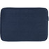 A navy blue laptop sleeve made from recycled canvas, featuring a zip closure and a minimalistic design.