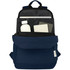 A navy blue laptop backpack with a bottle, notebooks, and a folder visible inside. It features a logo on the exterior.