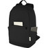 A black recycled canvas laptop backpack with two side pockets, designed for anti-theft and holds a laptop up to 15 inches.