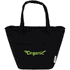 A black cooler tote bag with two handles and a front pocket, featuring a logo and made from recycled canvas.