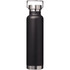 A drink bottle in matte black with a stainless steel base and a metal handle on the lid. Features a logo.