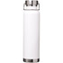 A drink bottle in white with a stainless steel cap and base, featuring a logo. Suitable for vacuum insulation.