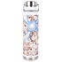 A drink bottle featuring a decorative pattern in white, blue, and earthy tones, with a stainless steel lid and base.