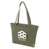An olive green tote bag with two handles and a logo on the front. Spacious design ideal for carrying items.