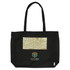 A black tote bag featuring a patterned design and a logo on the front. It has two sturdy handles.